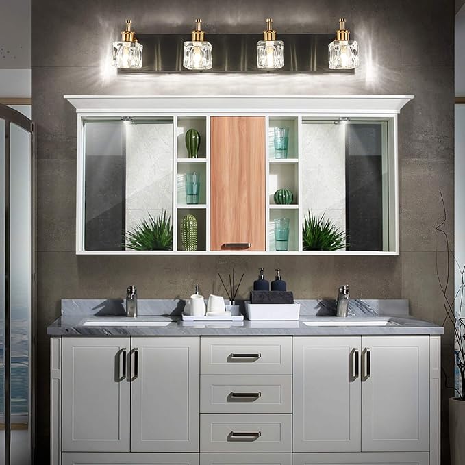 PRESDE Modern Black Bathroom Vanity Light Fixtures Over Mirror LED 4 Lights Crystal Bath wall Lighting