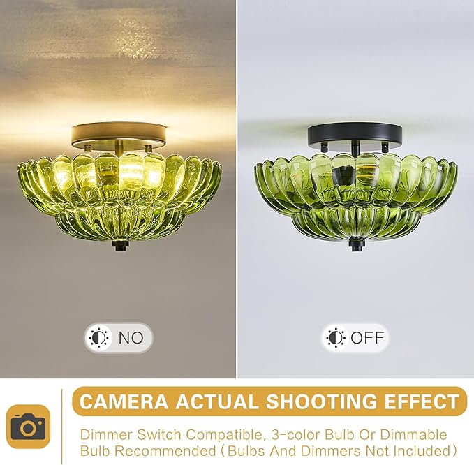 3-Lights Mid Century Modern Vintage Semi Flush Mount Ceiling Light Fixture,Black Surface Treatment,Green Flower Glass,for Hallway Bedroom Bathroom Foyer Closet Entryway Laundry Room(11.81 in)