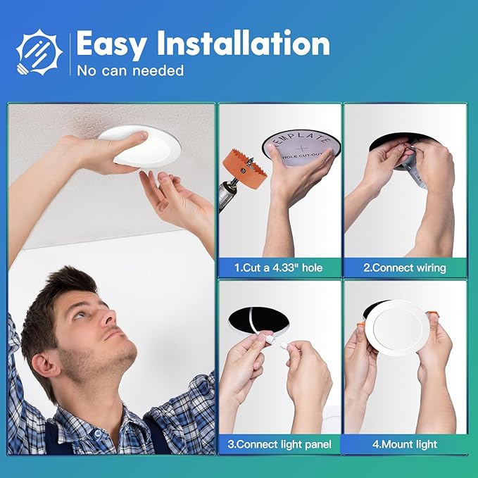 FREELICHT 6 Pack 4 Inch 5CCT Ultra-Thin LED Recessed Ceiling Light with Junction Box, 2700K/3000K/3500K/4000K/5000K Selectable, 700LM Brightness, Dimmable Canless Wafer Downlight, 10WEqv90W-ETL&FCC