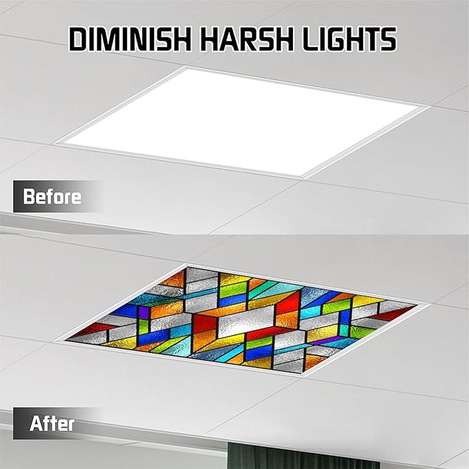 2 Pack Stained Glass Fluorescent Light Cover for Ceiling Light, Magnetic Ceiling Light Cover Classroom Lights Covers Classroom Supplies for School Classroom Home Office