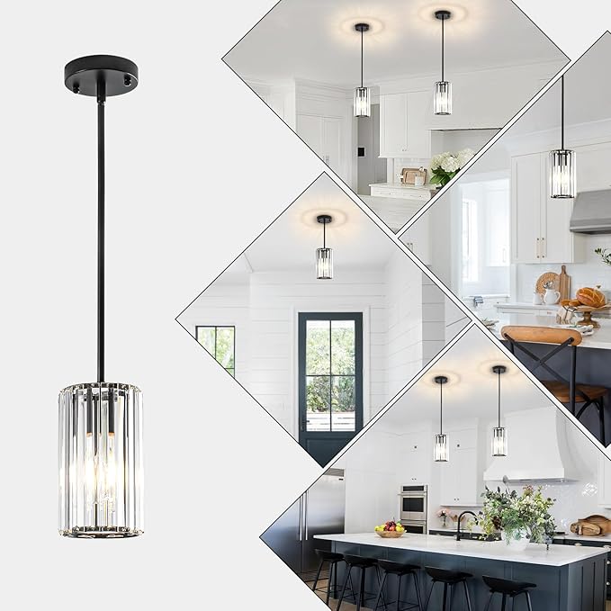 Modern Crystal Pendant Lights, Hanging Light Fixtures Mini Kitchen Island Pendant Lights Adjustable Crystal Chandelier Fixture for Island Dining Room Hallway Bedroom, Black 2-Pack