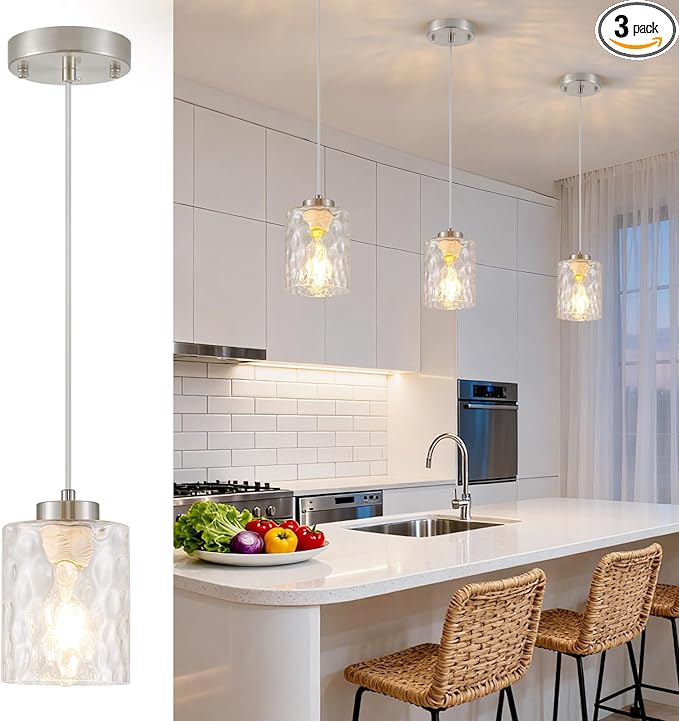 MWZ Brushed Nickel Pendant Lights Kitchen Island 3 Pack, Modern Hanging Kitchen Pendant Lighting Over Sink with Hammered Glass Shade,Small Chandeliers Fixtures Adjustable Cord Hanging Lighting