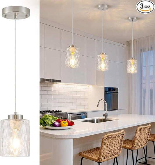MWZ Brushed Nickel Pendant Lights Kitchen Island 3 Pack, Modern Hanging Kitchen Pendant Lighting Over Sink with Hammered Glass Shade,Small Chandeliers Fixtures Adjustable Cord Hanging Lighting