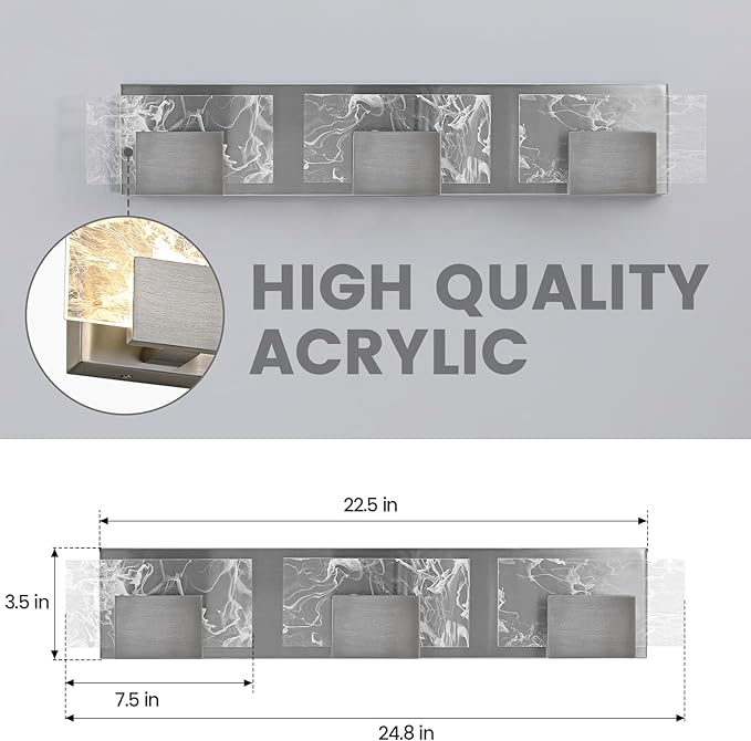 LED Bathroom Vanity Light: 24 Inch Brushed Nickel Acrylic Modern Lighting Fixtures - 3-Lights Contemporary Smoke Design Wall Lights Fixture Over Mirror 3000K