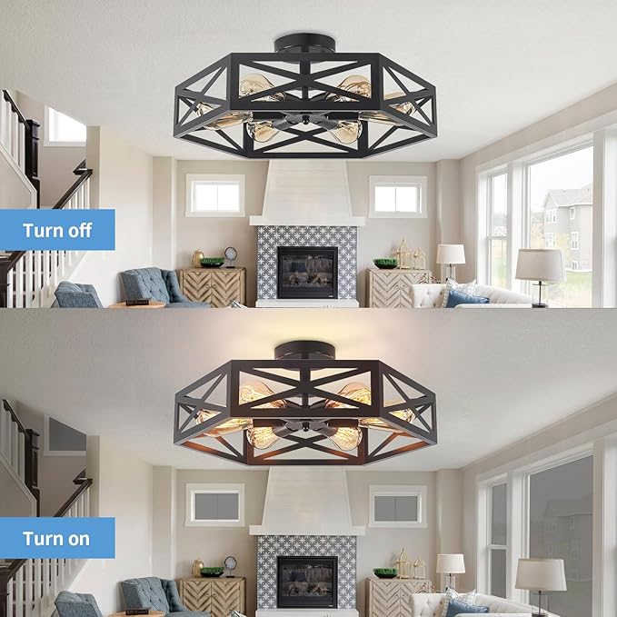 Semi Flush Mount Ceiling Light, Black Large 6-Light Fixtures Ceiling Mount with Hexagon Cage, Metal Industrial Close to Ceiling Light for Hallway, Kitchen, Bedroom (Black, 19.68''L)