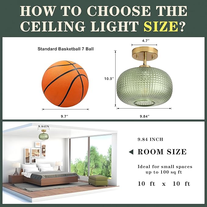 Modern Semi Flush Mount Ceiling Light, Vintage Green Glass Shade with Adjustable Hanging Gold Sloped Ceiling Lights Fixtures for Hallway Entryway Kitchen Bedroom Laundry Room,1-Light,9.84 Inch
