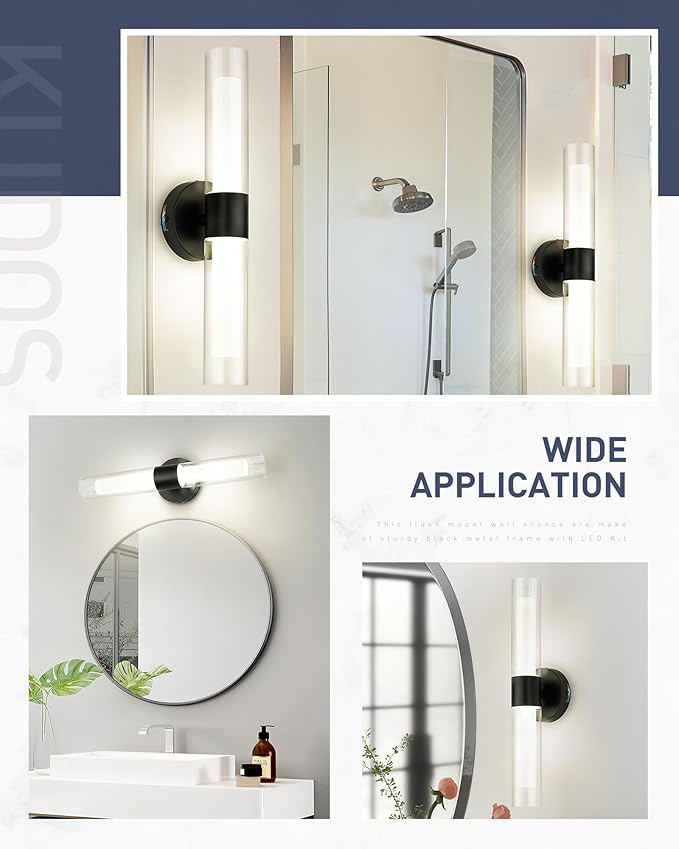 kudos Black Modern Sconces Wall Lighting, Wall Sconces with Clear Glass and Frosted Glass, Modern LED Vanity Light for Bathroom, 3000K/4500K/6000K Adjustable,KDVL06-BK-2
