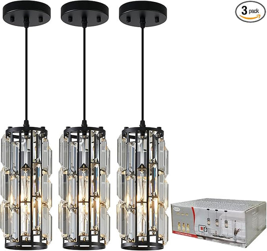 Black Pendant Lighting Modern Pendant Lighti，Pendant Lights Kitchen Island Crystal Pendant Light Fixture，Mini Crystal Chandeliers for Kitchen, Dining Room and Bedroom (3 Pack)