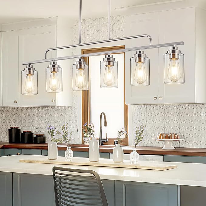 Dining Room Light Fixture - Brushed Nickel 6-Light Farmhouse Chandelier Kitchen Island Lights Fixtures Modern Linear Silvery Chandeliers Hanging Pendant Lighting Over Table