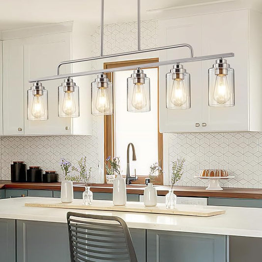 Dining Room Light Fixture - Brushed Nickel 6-Light Farmhouse Chandelier Kitchen Island Lights Fixtures Modern Linear Silvery Chandeliers Hanging Pendant Lighting Over Table