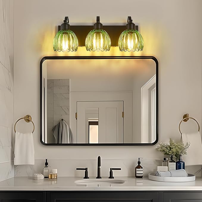 3-Light Black Vanity Lights with Green Tulip Glass Shade, Bathroom Lighting Fixture Over Mirror, Vintage Vanity Wall Sconce Lamp for Kitchen Living Room Hallway