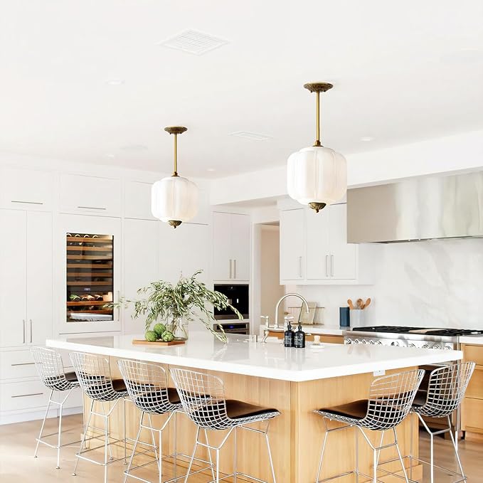 Milk Glass Ceiling Light Fixture - Antique Brass Semi Flush Mount Pendant Light for Kitchen, Hallway, and Bedroom (White, 9 inch)