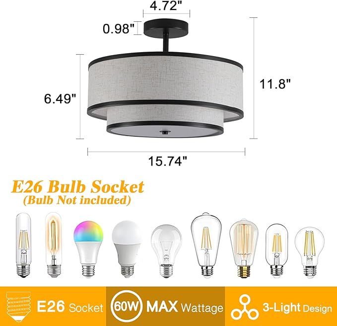 Semi Flush Mount Ceiling Light, 3-Light Double Drum Ceiling Light Fixture with Fabric Shade, Farmhouse Chandelier Dining Room Light Fixture for Bedroom, Kitchen, Hallway (Black)
