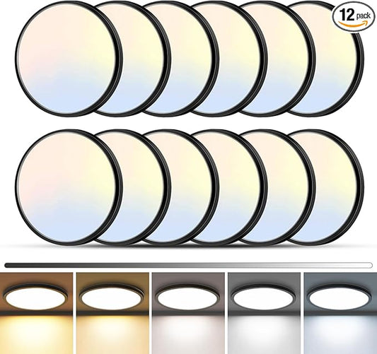 zemty 12Pack LED Flush Mount Ceiling Light, 12Inch 24W Dimmable Ceiling Lights Fixture, 5 Color Temperatures (3000K-6500K) Black Round Ceiling Lamp for Bedroom, Kitchen, Hallway,Bathroom