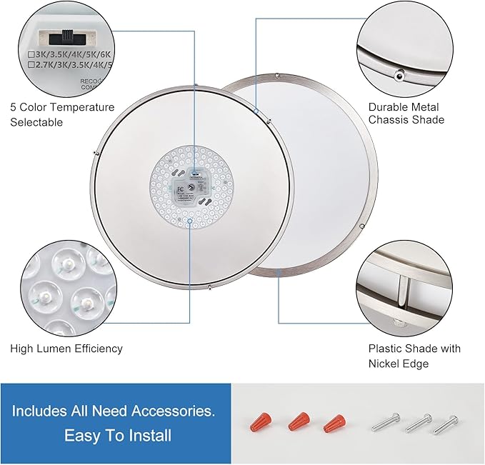 DLLT Flush Mount LED Ceiling Light: 16 Inch 5CCT (3000K-6000K) & Dimmable Ceiling Light Fixtures for Bedroom Hallway - 36W Modern Brushed Nickel Super Bright Kitchen Lighting Fixtures Ceiling