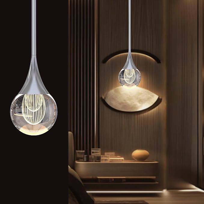 1-Pendant Lights Kitchen Island, Silver Globe Crystal Ceiling Hanging Light Fxitures, LED Raindrop Light Fixtures Metal Rod Ceiling Glass Pendant Lighting for Kitchen Island Dining Room Bar