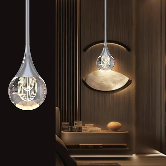1-Pendant Lights Kitchen Island, Silver Globe Crystal Ceiling Hanging Light Fxitures, LED Raindrop Light Fixtures Metal Rod Ceiling Glass Pendant Lighting for Kitchen Island Dining Room Bar