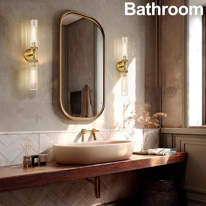 LaLuLa 2-Light Gold Bathroom Vanity Light Fixtures 2-Pack – Hardwired Wall Sconces with Rippled Glass Shades and Textured Metal Frame, Modern Vanity Lighting for Mirror, Bedroom, or Hallway, 25”