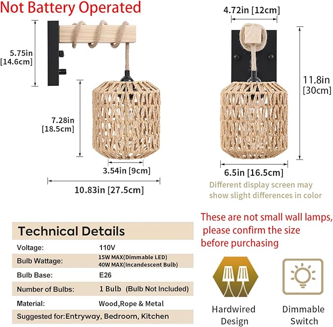 Rattan Boho Wall Sconce, Hardwired Hand-Woven Farmhouse Wall Lamps with Wooden Arm & On/Off Dimmable Switch,Large Rustic Indoor Wall Mount Light Fixtures for Bedroom Nursery Bathroom, 1 Pack