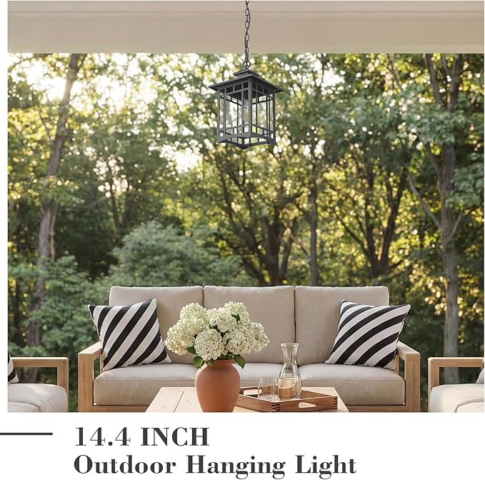 Emliviar 14.4" Hanging Lantern Light Fixture in Black Finish, Dusk to Dawn Modern Outdoor Porch Chandelier with Clear Glass Shade, 100W Max, XE309H-M-PC BK