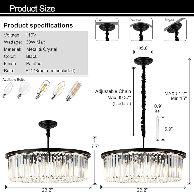 23" Black Crystal Chandelier 8-Light Modern Crystal Pendant Ceiling Light Fixture 2 Rings Luxury Chandeliers,for Dining Room Kitchen Island Living Room Bedroo