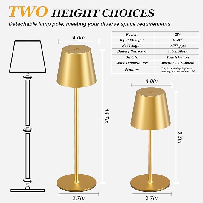 Kakanuo Cordless Table Lamp Rechargeable Gold - KK 2 Pack 5000mAH Battery Operated Lamp for Dining Table, 3 Color Stepless Dimming Wireless Lamp for Counter, Outdoor Patio, Touch Control