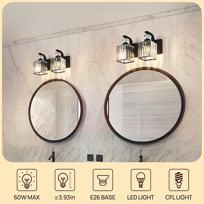 Modern Bathroom Vanity Light, 2-Light Black Bathroom Lighting Fixtures Over Mirror, 12.6" Crystal Wall Light Sconce for Bathroom/Bedroom/Vanity, Includes LED Bulbs, Easy Installation