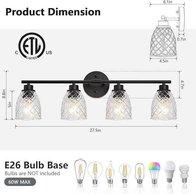 4-Light Bathroom Light Fixtures, Modern Black Vanity Light Over Mirror, Wall Sconce with Clear Hammered Glass Shades, E26 Base (Bulbs Not Included)