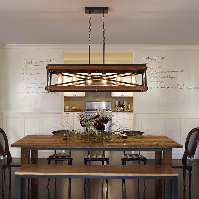 Rustic Farmhouse Wood Kitchen Island Lighting, 6 Lights Rectangular Pendant Light Fixture, Adjustable Chain Oak Wood and Metal Linear Chandelier for Dining Room Kitchen Island Farmhouse, Black