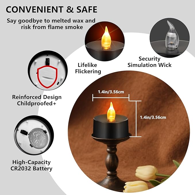 Tea Lights Battery Operated Candles LED Tea Lights Flameless Candles 200+ Hours Flickering Fake Tealights for Halloween, Christmas Aniversary Home Table Decor(Black, 12 Pack)