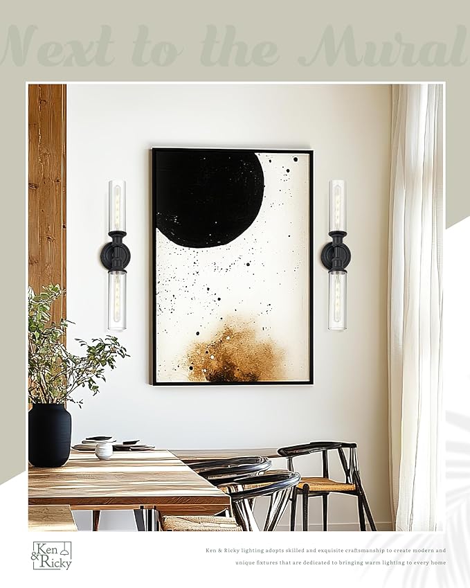 Ken & Ricky Modern Bathroom Sconces Set of 2, Matte Black Bathroom Wall Sconces,24-Inch Wall Sconce Light Fixtures Side of Mirror for Bathroom Living Room Bedroom