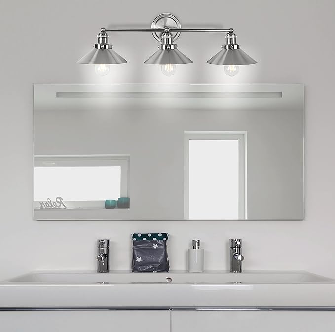 JONATHAN Y 26.5" Nickel 3-Light Industrial Farmhouse Metal Vanity Light Wall Sconce, Metal Shade for Bathroom Mirror, Kitchen, Entryway, LED Bulb Included (JYL7428B)