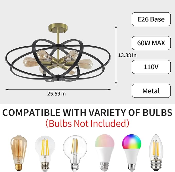 Semi Flush Mount Ceiling Light Fixture Chandelier 25''Black Gold Bedroom Ceiling Lights 6-Light Foyer Chandelier Style Flower Shape Porch Light Fixture for Entryway,Laundry room,Kitchen,Farmhouse