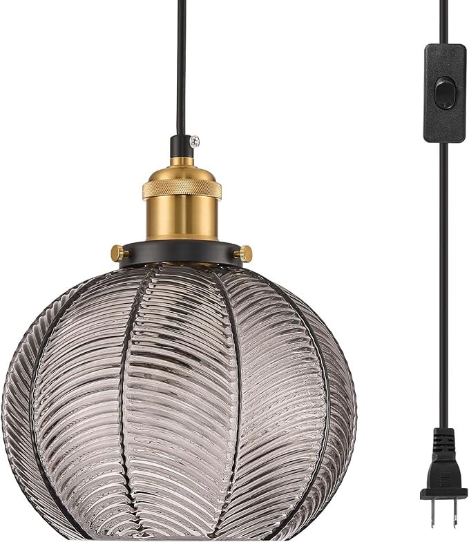 Modern Plug in Hanging Light, 7.8 Inch Glass Pendant Light with 14.76 FT Adjustable Plug in Cord, Vintage Smoke Gray Hanging Lamp for Dining Room Bedroom Kitchen Island Bathroom E26