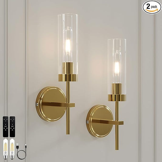 Gold Battery Operated Wall Sconce Set of 2, Wireless Wall Sconces with Remote Control, Rechargeable 3000K Dimmable Wall Light for Bedroom Living Room Bathroom Hallway Entryway Stairwell