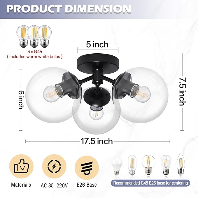 3-Light Modern Black Semi Flush Mount Ceiling Light Clear Glass Globe Ceiling Lights Mid Century Black Chandelier 3 Light Sputnik Ceilings Lights Fixture for Bedroom Hallway Entryway
