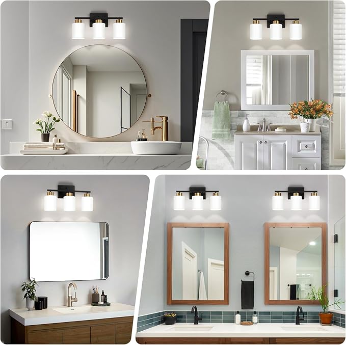 FonmYim Black and Gold Bathroom Light Fixtures, 3-Light Modern Vanity Light Over Mirror, Wall Sconces with Milky White Frosted Glass Shades, E26 Socket (Bulbs Not Included)