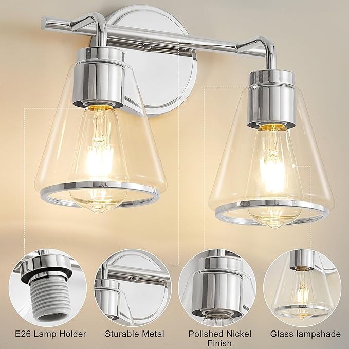 Bathroom Light Fixtures Over Mirror Polished Nickel Vanity Light 2-Lights Bathroom Vanity Lights with Clear Glass Shade 14 inch Vanity Lighting Fixtures Modern Wall Sconces Bath Light