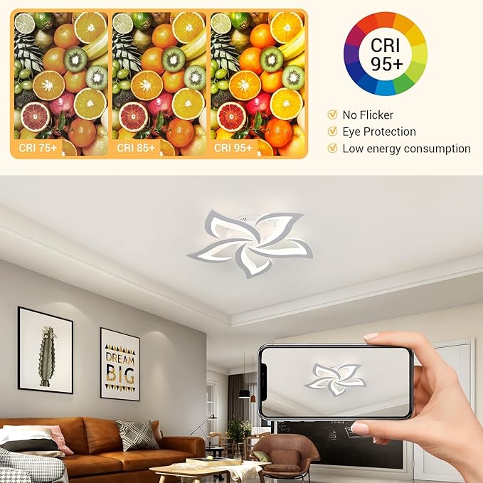 Dimmable 5-Petals Flower Ceiling Light, 3000K-6500K Changeable with APP/Remote Control, Modern LED Flush Mount Ceiling Lights Fixture for Living Room Bedroom Dining Room Kitchen