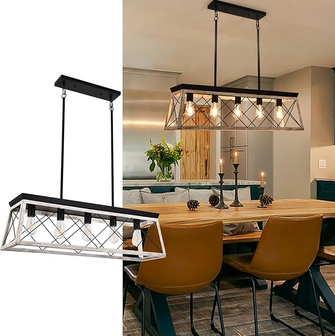 Luupyia Farmhouse Rectangular Chandelier Rustic, 5-Lights Kitchen Island Lighting, Linear Island Light Fixture Farmhouse Pendant Lighting Fixtures for Dining Room Pool Table Beige