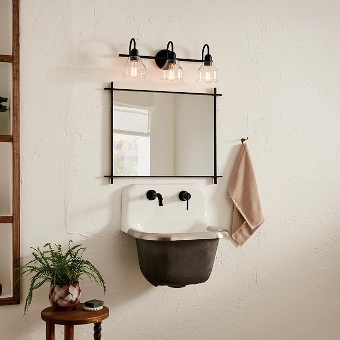 Kichler Avery 24" 3-Light Bathroom Vanity Light Fixture with Clear Seeded Glass in Black for Modern Industrial Farmhouse Style, Wall Mount Over Mirror (24" x 9.5" x 8.25"), 45973BK