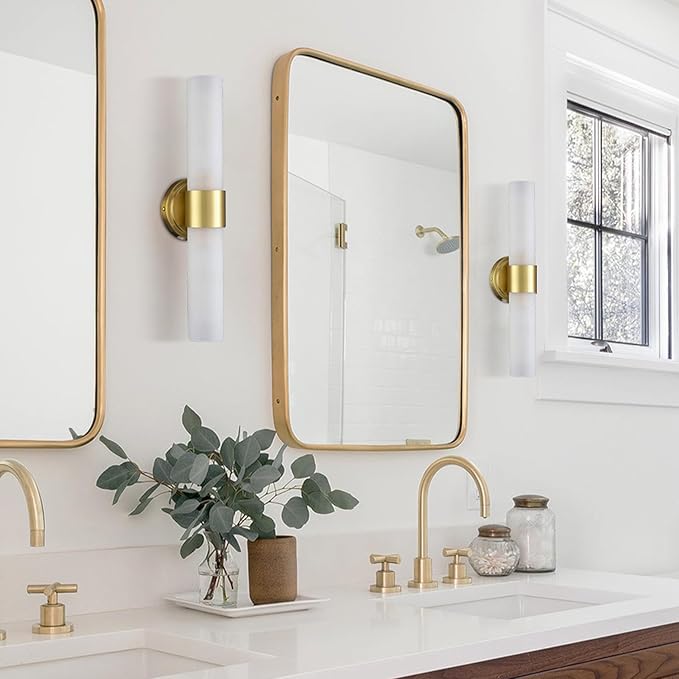 DAYCENT Gold Bathroom Light Fixtures 2-Light Frosted Glass Wall Sconce Modern Brass Glass Wall Light Fixtures Cylinder Vanity Lights Bedside Mirror Lighting for Hallway Bedroom, 20" H