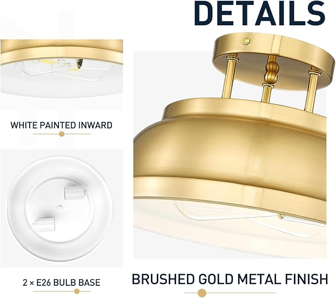 zeyu 2-Light Vintage Flush Mount Light Fixture, Semi Flush Ceiling Light Fixture for Bedroom Kitchen, Metal Dome Shade in Brushed Gold Finish, ZY29-F BG