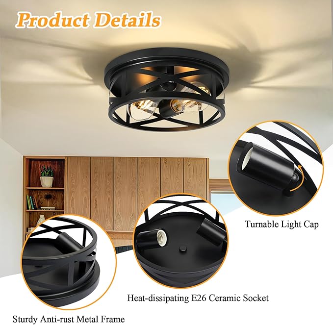 2-Light Flush Mount Ceiling Light Fixture, Farmhouse Ceiling Lights for Kitchen, Modern Black Close to Ceiling Light for Hallway Bedroom Balcony Porch Stairway, E26 (1 Pack)