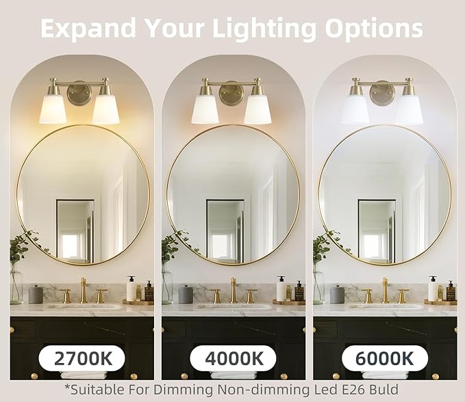2-Light Bathroom Vanity Light, Gold Finish with Milk Glass Shades, Over Mirror, for Bathroom Vanity