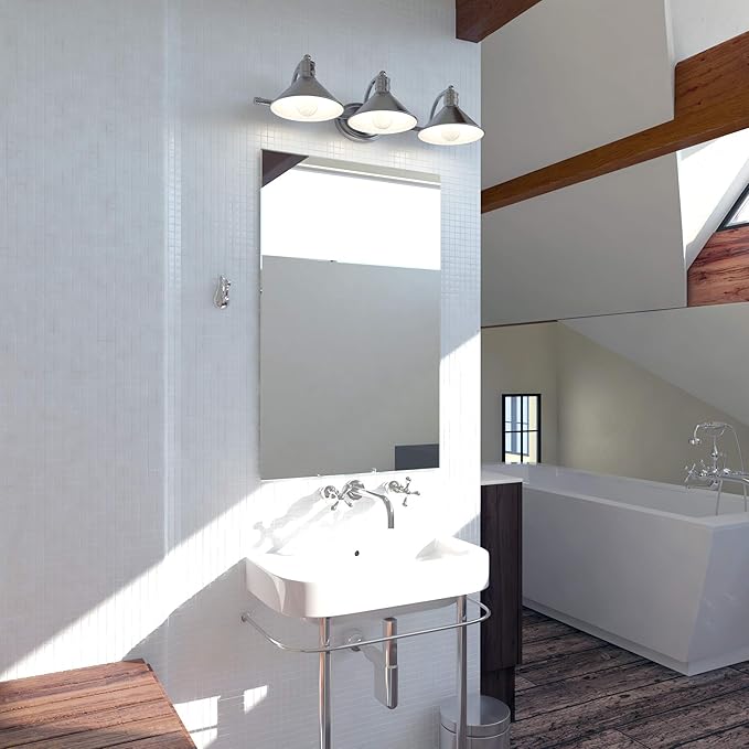 VAXCEL Akron 3-Light 28 inch Wide Satin Nickel and Matte White Farmhouse Bathroom Vanity Lighting Fixture, Metal Shade, Dimmable, LED Compatible, Over The Mirror Mounted Steel Wall Sconce