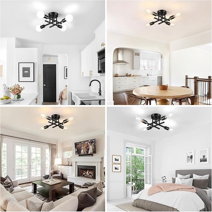 Asnxcju 4-Light Hallway Semi Flush Mount Light Fixtures, Farmhouse Black Light Fixtures Ceiling Mount, Indoor Close to Ceiling Lighting for Kitchen Entryway Bedroom Foyer (Bulb Not Included)
