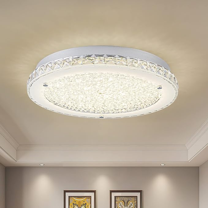 Crystal Ceiling Light Fixture LED Crystal Flush Mount Ceiling Light 4000K Dimmable Semi Flush Mount for Hallway Bedroom Laundry Bathroom Round 24W 2640LM 14"