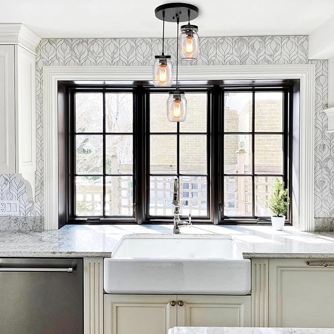 Mason Jar Light Fixtures, 3-Light Black Pendant Lights Kitchen Island, Farmhouse Kitchen Pendant Lights, Adjustable Island Pendant Lights for Kitchen Over Sink Dining Room