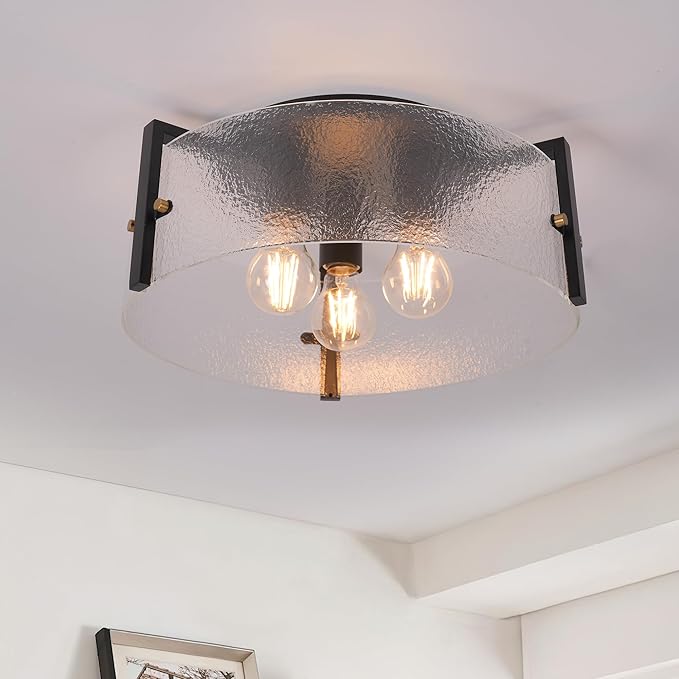 Modern Black Semi Flush Mount Ceiling Light Fixture, 3-Light Glass Ceiling Mount Light Fixtures, Kitchen Island Lighting Fixtures Ceiling Lights for Foyer Entryway Bedroom Laundry Room Hallway